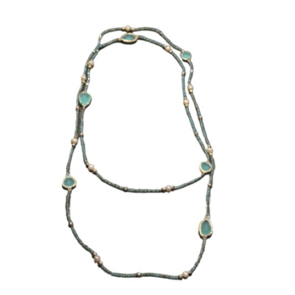 Sea Glass style Teal Beaded Long Necklace - Women Jewelry